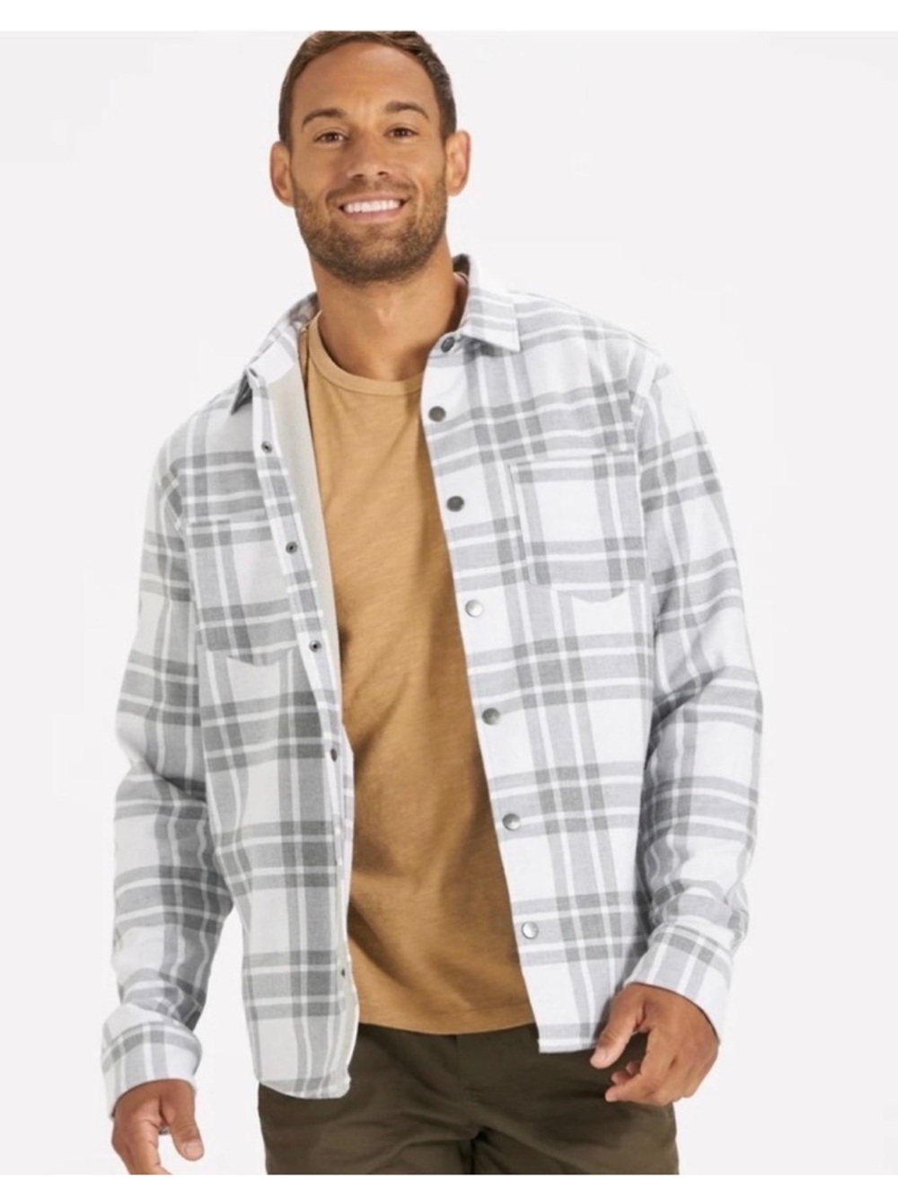 Vuori Range Shirt Jacket Flannel Mens Gray Plaid Fleece Lined Snap Casual Small